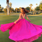 Chic Fuchsia A-line Spaghetti Straps Chiffon Long Prom Dresses