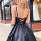 Elegant A-line Spaghetti Straps Black Prom Dresses Long Evening Dresses
