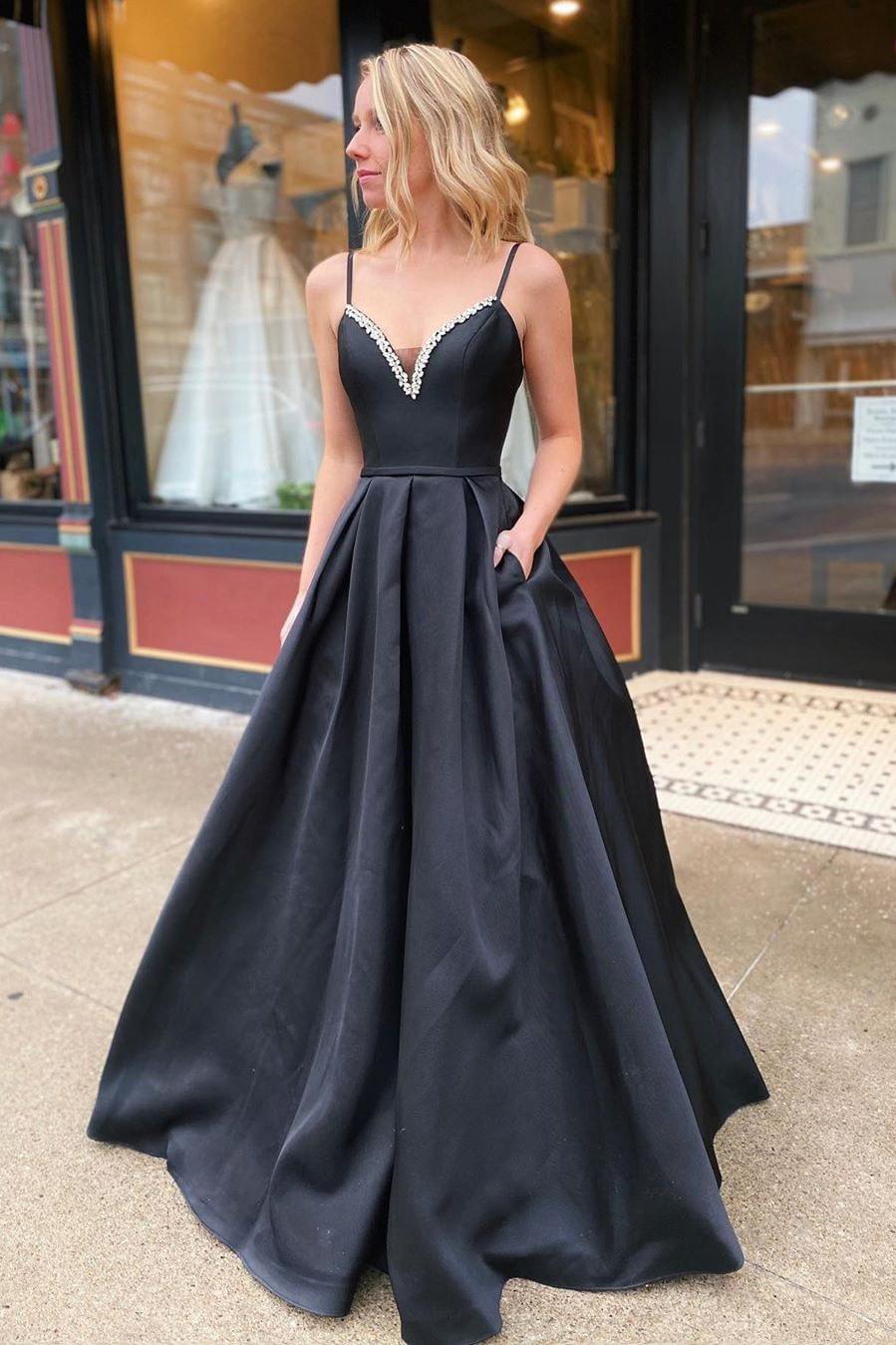 Elegant A-line Spaghetti Straps Black Prom Dress Long Evening Dress