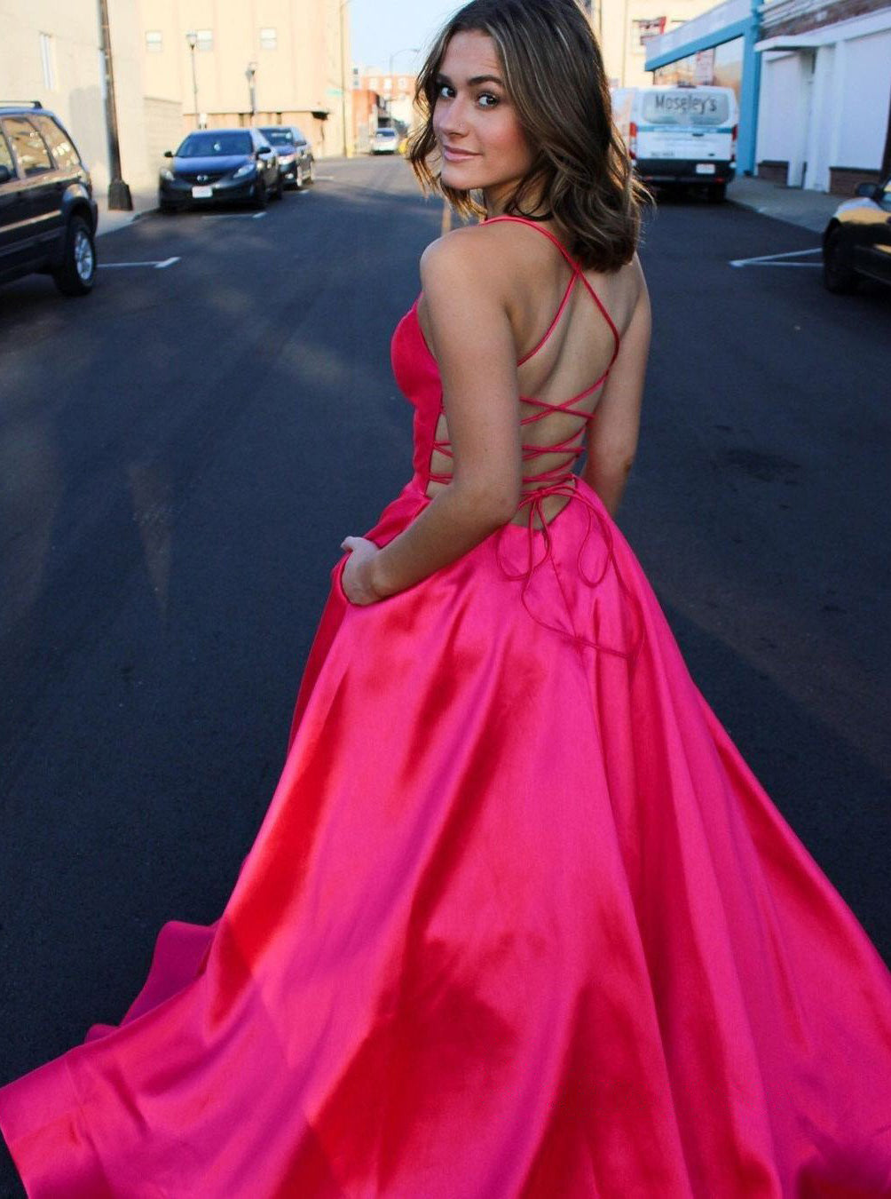 Chic Sleeveless A-line Spaghetti Straps Backless Long Prom Dresses