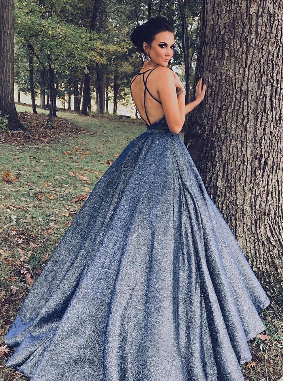 Unique Sleeveless A-line Spaghetti Straps Backless Long Prom Dresses