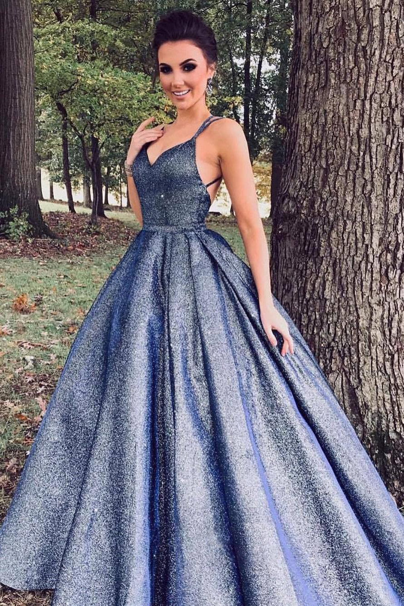 Unique Sleeveless A-line Spaghetti Straps Backless Long Prom Dresses Blue