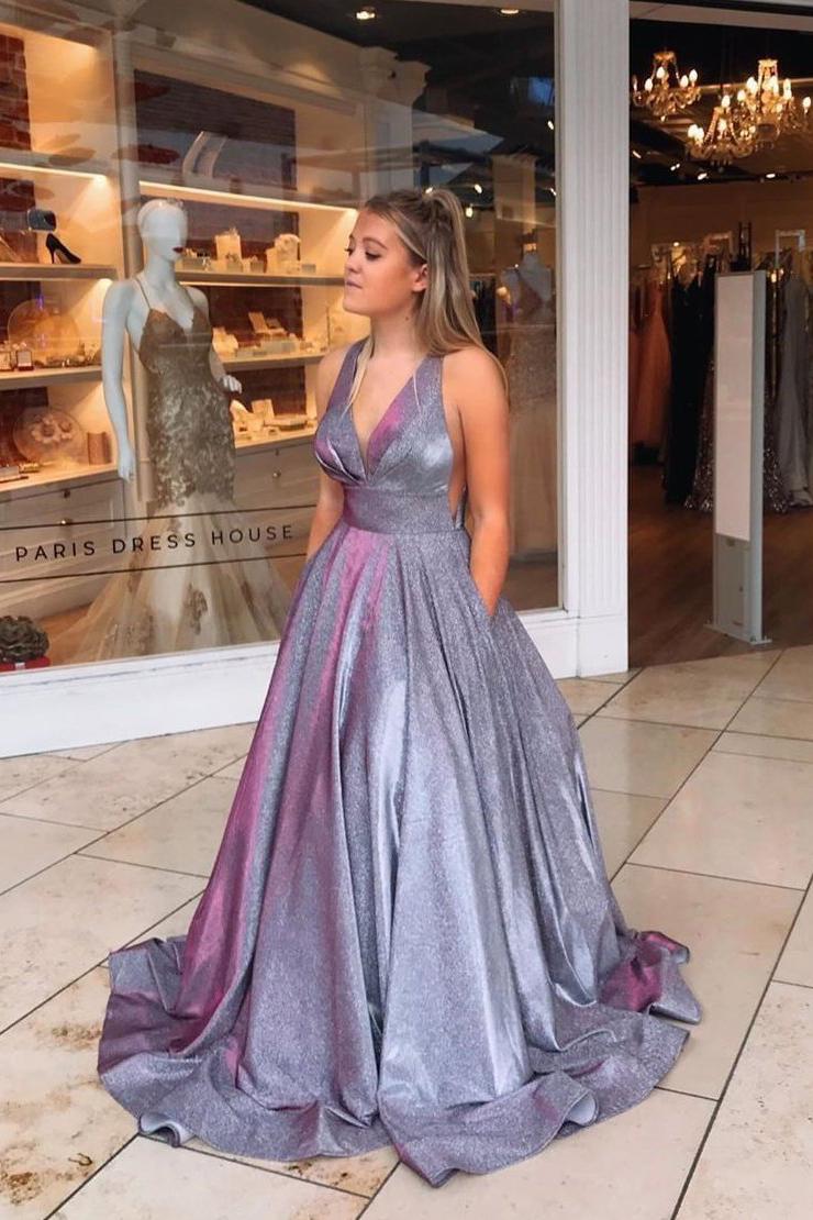 Sparkly A-line V neck Ball Gown Long Prom Dress