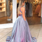 Sparkly A-line V neck Ball Gown Long Prom Dresses