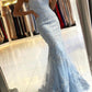 Chic Sky Blue Mermaid Spaghetti Straps Lace Long Prom Dress