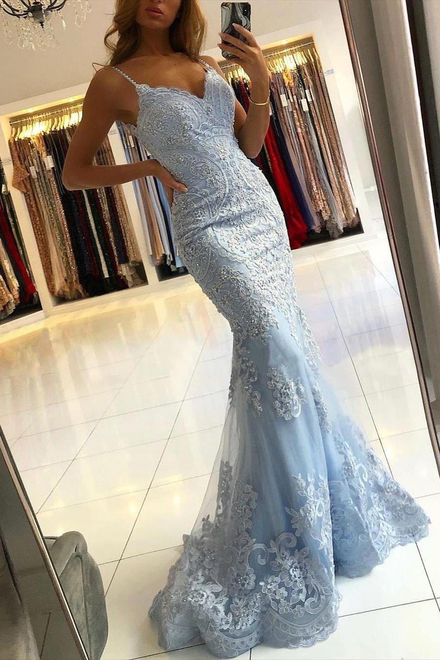 Chic Sky Blue Mermaid Spaghetti Straps Lace Long Prom Dress
