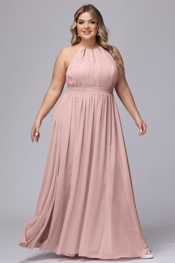 Halter Chiffon Bridesmaid Dress with Slit Candy Pink Plus Size