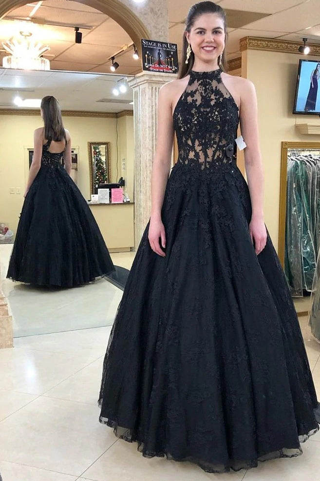 Black A-Line Appliques Halter Formal Evening Dresses Long Prom Dresses