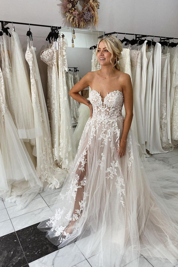 Charming Sweetheart Lace Tulle Wedding Dresses with Slit