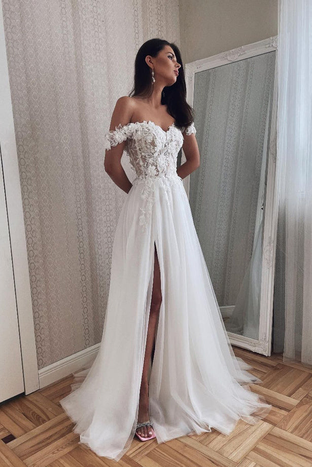 Charming A Line Off the Shoulder Tulle Wedding Dresses with Appliques