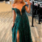 Dark Green A Line Off the Shoulder Formal Evening Gowns Lace Long Prom Dresses