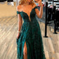 Dark Green A Line Off the Shoulder Formal Evening Gowns Lace Long Prom Dresses