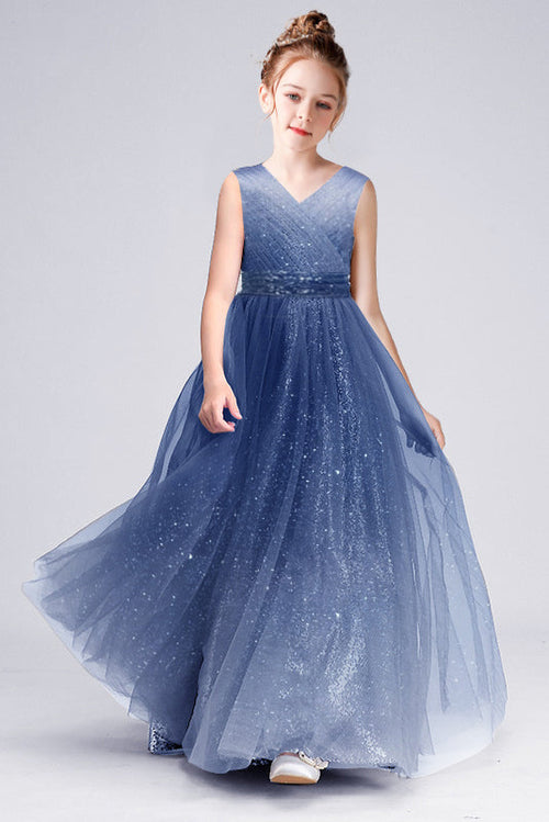 A-Line Sleeveless V-Neck Flower Girl Dress with Lace Appliques and Tulle
