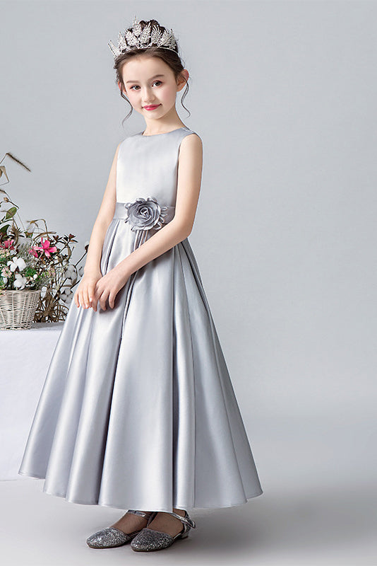A Line Silver Sleeveless Flower Girl Dresses With Flower Belt