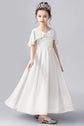 A-Line/Princess Crew Neck Puff Sleeves Flower Girl Dresses with Pearls