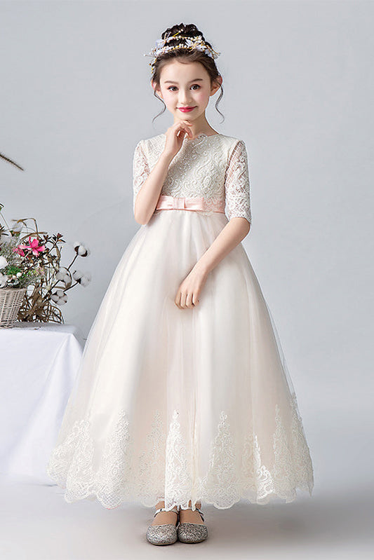 Elegant White Half Sleeves Lace Appliques Flower Girl Dresses