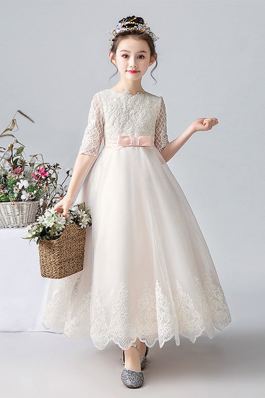 Elegant White Half Sleeves Lace Appliques Flower Girl Dresses