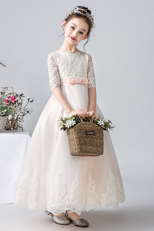 Elegant White Half Sleeves Lace Appliques Flower Girl Dresses