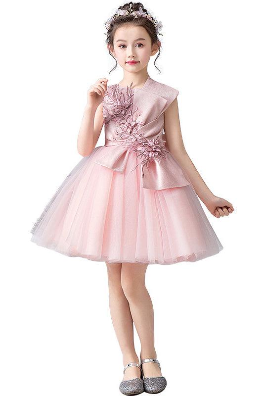 Lovely Pink Sleeveless Tulle Floral Appliques Flower Girl Dresses