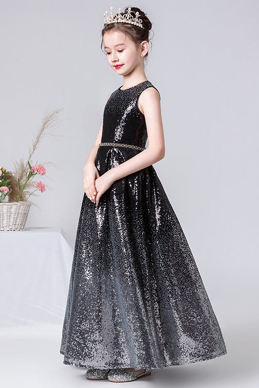 Sparkly A Line Black Sleeveless Sequins Flower Girl Dresses