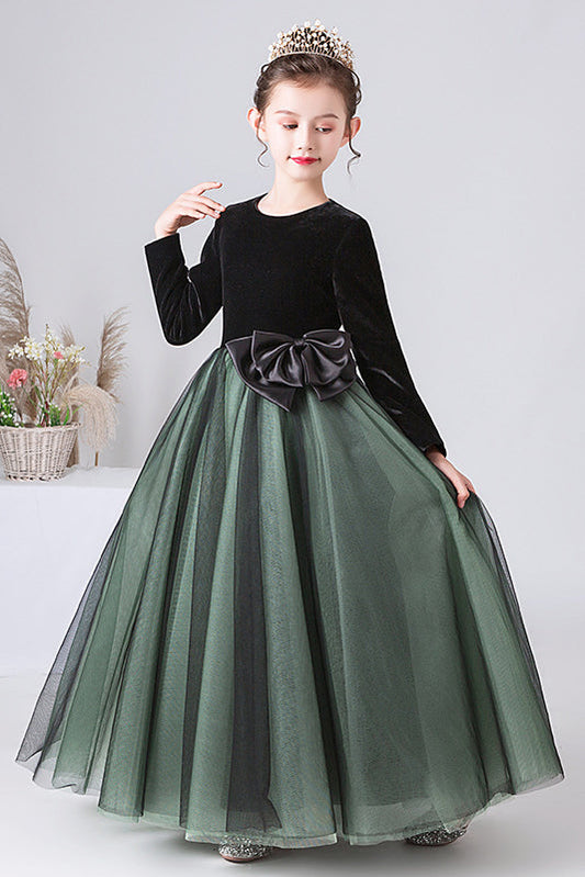 A Line Dark Green Long Sleeves Tulle Flower Girl Dresses