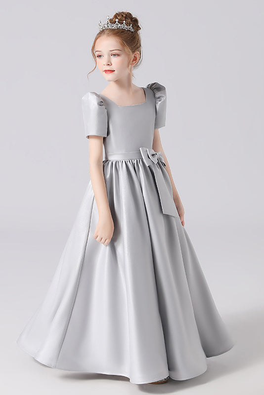 A Line Silver Short Sleeve Floor Length Elegant Flower Girl Dresses With Bownot
