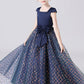 Navy Blue Cap Sleeve Floor Length Flower Girl Dresses With Bownot