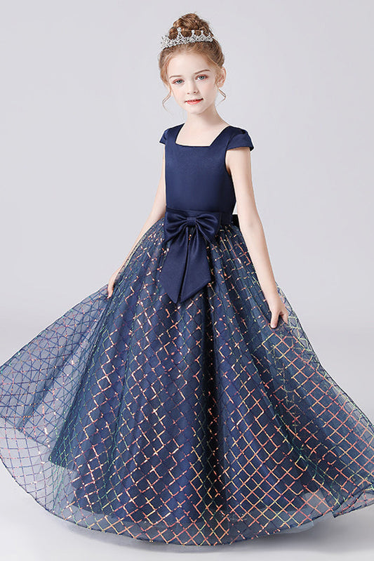 Navy Blue Cap Sleeve Floor Length Flower Girl Dresses With Bownot