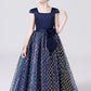 Navy Blue Cap Sleeve Floor Length Flower Girl Dresses With Bownot