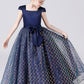 Navy Blue Cap Sleeve Floor Length Flower Girl Dresses With Bownot