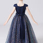 Navy Blue Cap Sleeve Floor Length Flower Girl Dresses With Bownot