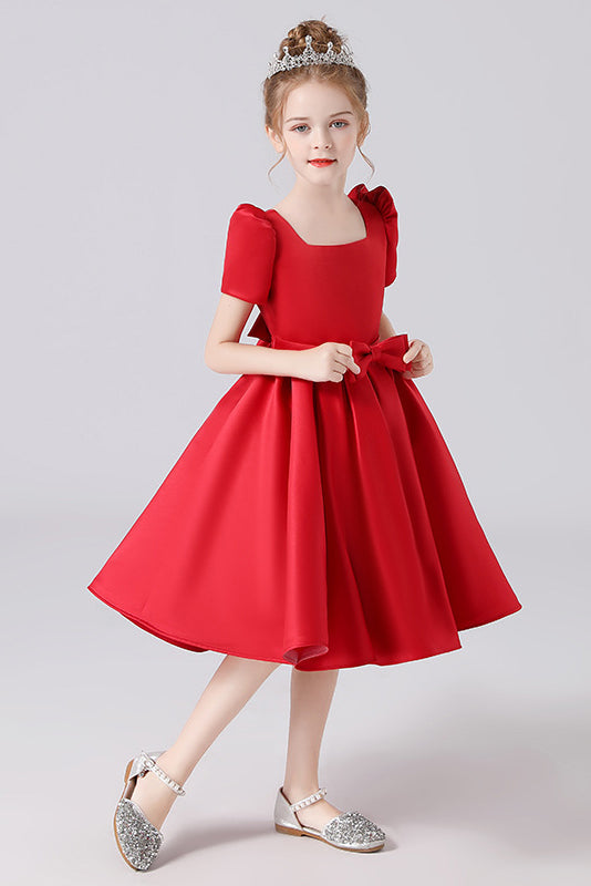 A Line Red Short Sleeve Flower Girl Dresses With Bownot