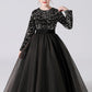 Black Tulle Long Sleeve Floor Length Flower Girl Dresses With Sequins