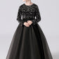 Black Tulle Long Sleeve Floor Length Flower Girl Dresses With Sequins