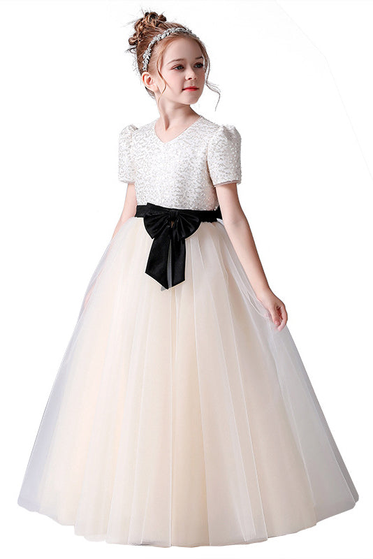 A- Line Short Sleeve Tulle Beading Flower Girl Dresses With Bow