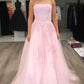 A-Line Pink Strapless Pearl Appliques Beading Tulle Prom Dresses with Lace