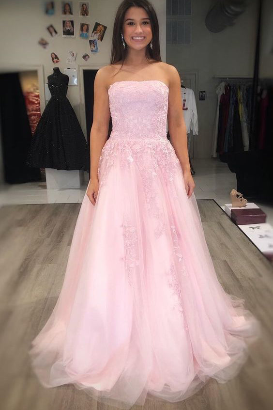 A-Line Pink Strapless Pearl Appliques Beading Tulle Prom Dresses with Lace