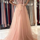 A line Tulle Sweetheart Pink Formal Evening Dresses Long Prom Dresses