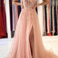 A line Tulle Sweetheart Pink Formal Evening Dresses Long Prom Dresses