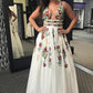  Charming Floral Embroidery Long Prom Dress V Neck A Line Party Dress N1482