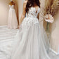 Cute A Line V Neck Tulle Wedding Dresses with Appliques