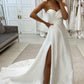 Fashion A Line Strapless Satin Wedding Dresses with Slit