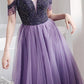 Tulle A Line Elegant Cold Shoulder Beaded Lilac Long Prom Party Dresses