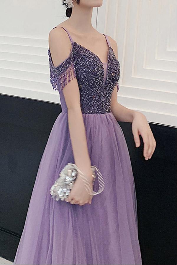Tulle A Line Elegant Cold Shoulder Beaded Lilac Long Prom Party Dresses