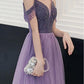 Tulle A Line Elegant Cold Shoulder Beaded Lilac Long Prom Party Dresses