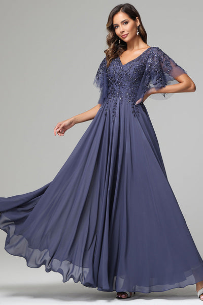 Elegant V-neck Short Sleeves Chiffon Appliqued Mother of the Bride Dre