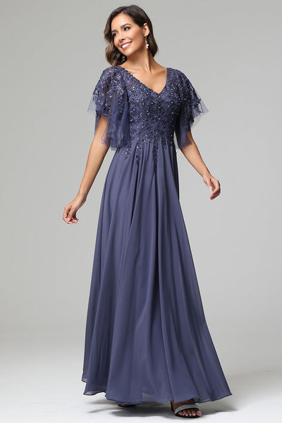 Elegant V-neck Short Sleeves Chiffon Appliqued Mother of the Bride Dre