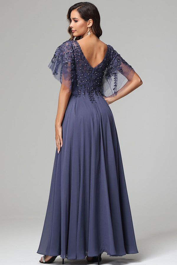 Elegant Chiffon Short Sleeves V-Neck A-Line Lace Ankle-Length Mother of The Bride Dresses