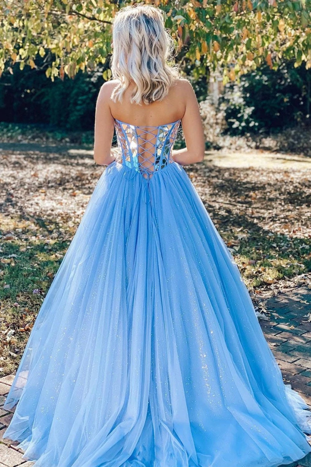 Shiny Sweetheart Sequins BlueTulle Formal Evening Dresses Long Prom Dresses