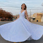 Shiny White Sequins A-Line V-Neck Formal Evening Dresses Long Prom Dresses